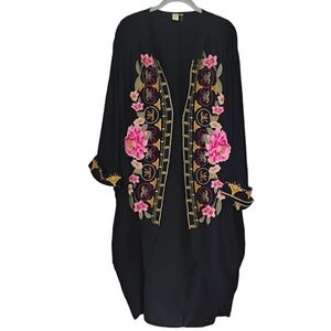Paparazzi Floral Embroidered Kimono Womens S/M Black Boho Bohemian Open Festival
